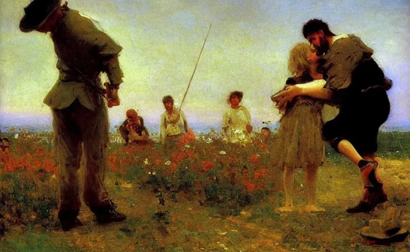 Image similar to high quality high detail painting by ilya repin, giant man proposing to a tiny man, hd