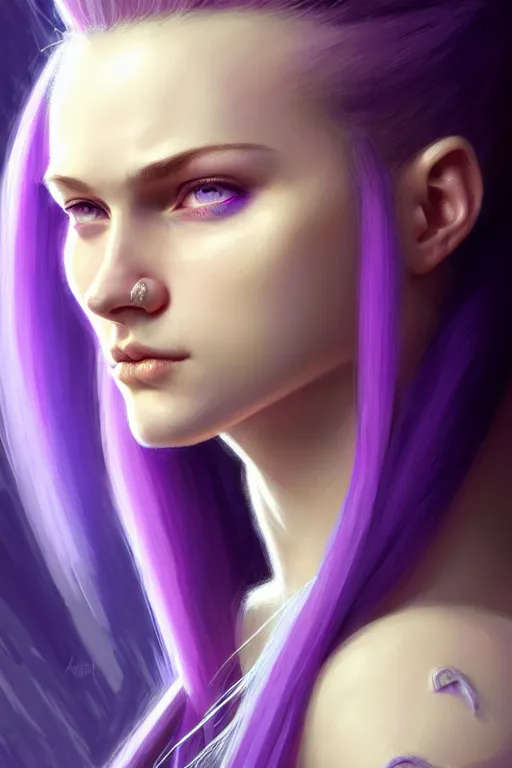 Prompt: alexey gurylev, close up portrait, young pale woman in sci - fi armor with purple ponytail hair, stoic, focused, powerful, d & d, fantasy, complex, elegant, highly detailed, digital painting, artstation, concept art, matte, clear focus, illustration, hearthstone, artgerm art, greg rutkovsky and alphonse mucha