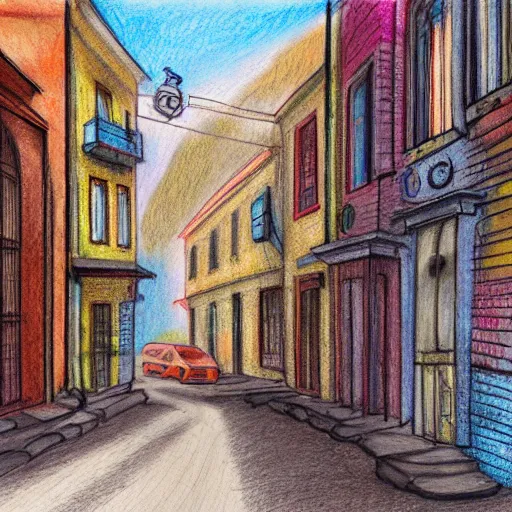 Image similar to narrow street between houses, colorful pencil drawing, concept art, high detail