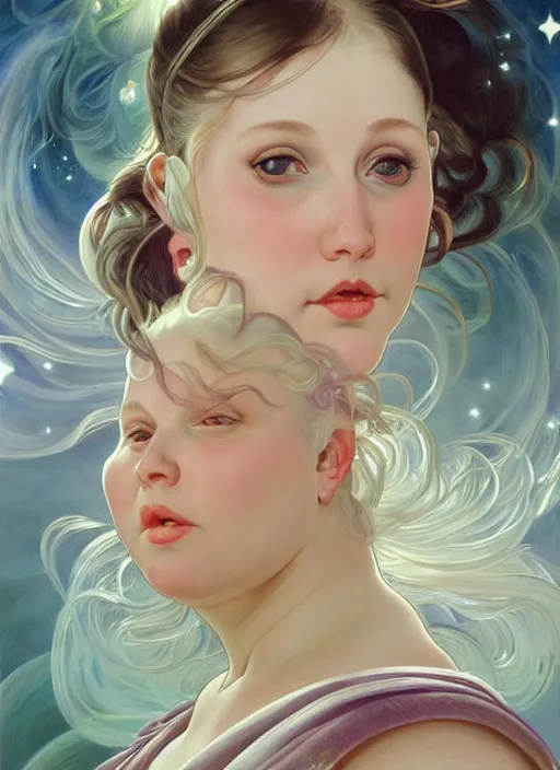 Prompt: a chubby white woman with pointed ears, wearing a white sundress, and a swirling sparkling cloud nebula for hair, realistic painting by ross tran and gerald brom and alphonse mucha, ilya kuvshinov, svetlana tigai, artgerm, trending on artstation