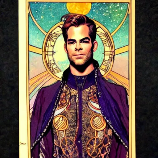 Image similar to chris pine portrait by louis - theophile hingre and alphonse mucha, realistic, sharp focus, zodiac signs, tarot cards, planets, ethereal, art nouveau, magic, moon, sun, crown, dreamy, royal, jewellery