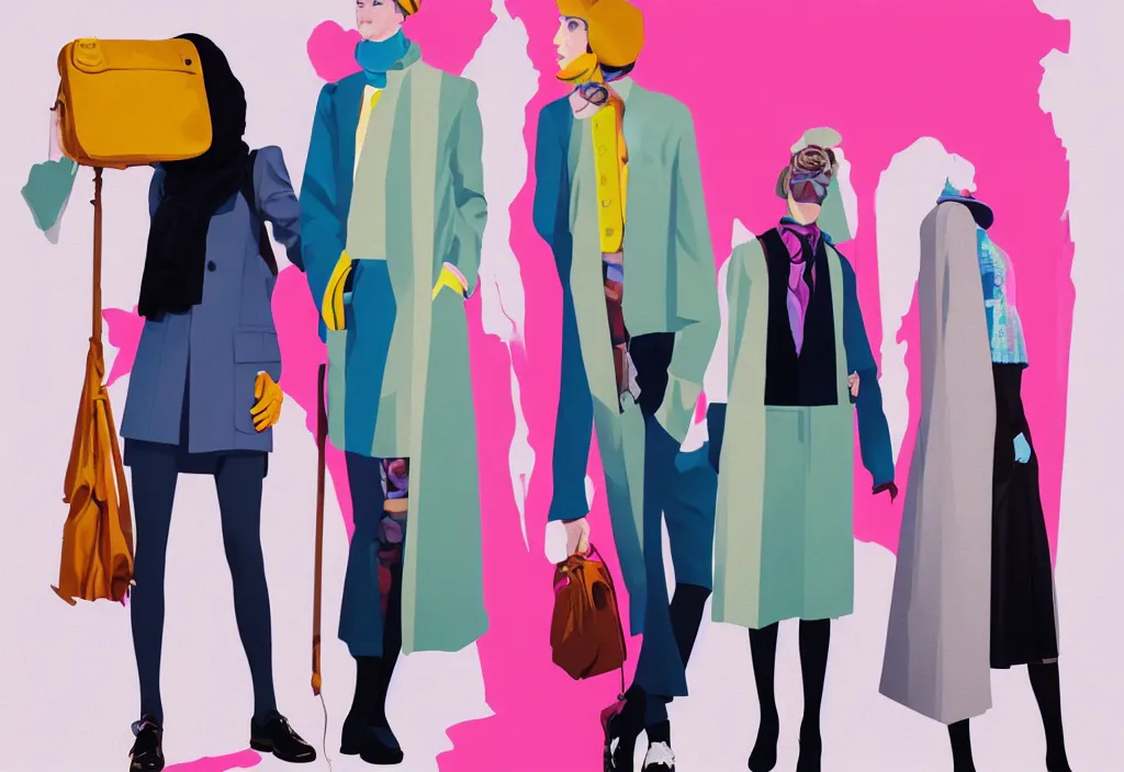 Image similar to full body portrait of a trio of young fashionable european tourists long pattern coat travel apparel, with nikon cameras, sightseeing various poses shooting photos, character designs painting, in the style of wes anderson, rene magritte, lola dupre, david hockney, isolated on white background, dark monochrome neon spraypaint accents volumetric octane render