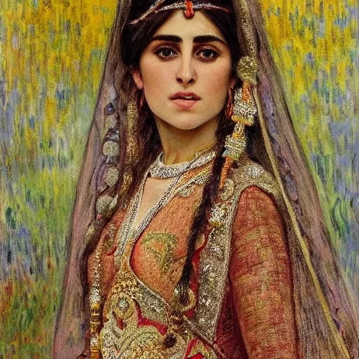 Image similar to full body portrait of a beautiful Kurdish bride wearing a beautiful wedding dress, very detailed eyes, hyperrealistic, beautiful and symmetrical face, very detailed painting by Claude Monet and Alphonse Mucha, trending on artstation, extremely high detail, incredibly intricate