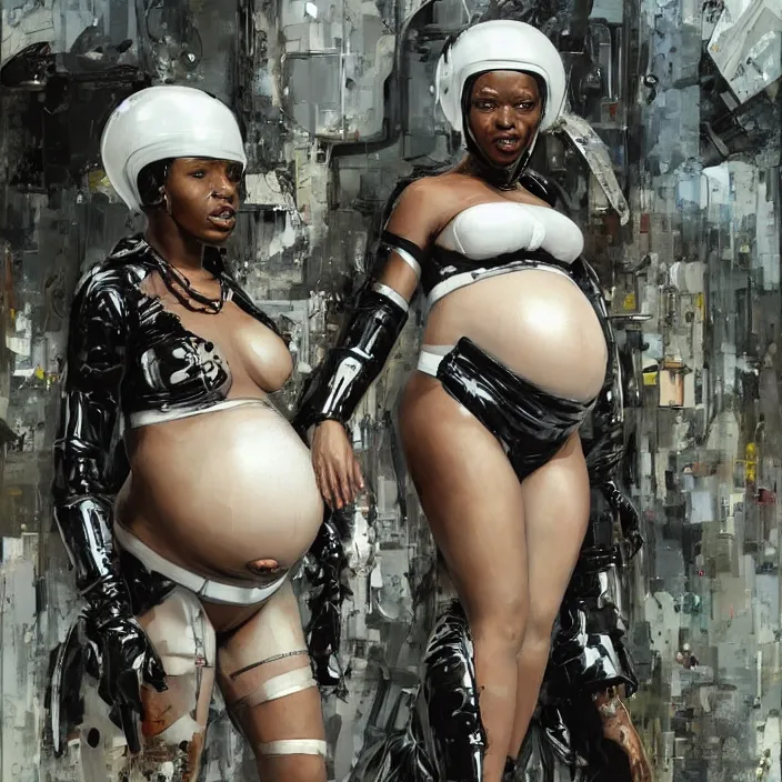 Prompt: pregnant african domme mistress, full body, black supremacy, rubber and latex, postapocalyptic, smooth white surroundings, future, high tech, concept art, realistic painting, digital art by john berkey, by takashi murakami