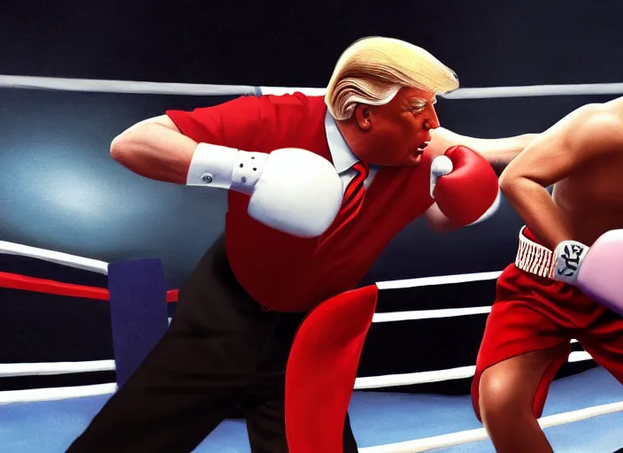 Image similar to a beautiful painting of donald trump and joe biden in a boxing match, cinematic angle, studio lighting, movie concept, trending on artstation, octane render, 8 k, ultra high detail