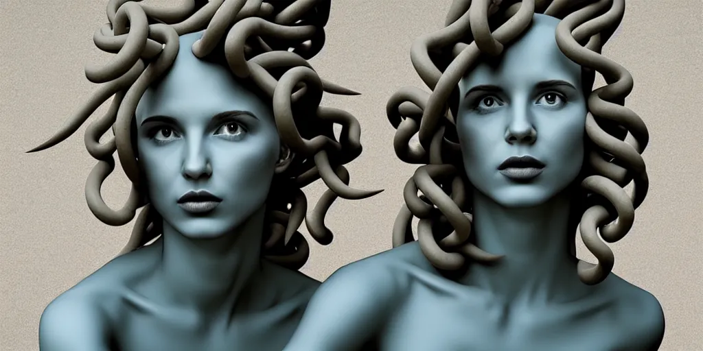 Image similar to modern sculpture, young woman as medusa, multiple poses, androgynous