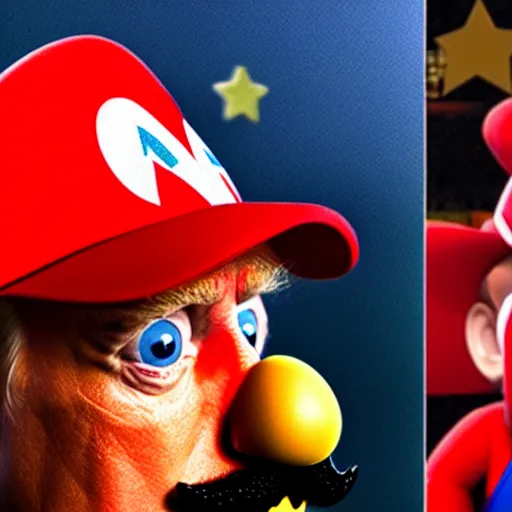 Image similar to uhd candid photo of hyperdetailed photorealistic donald trump dressed as super mario. correct face, cinematic lighting, photo by annie leibowitz, and steve mccurry.