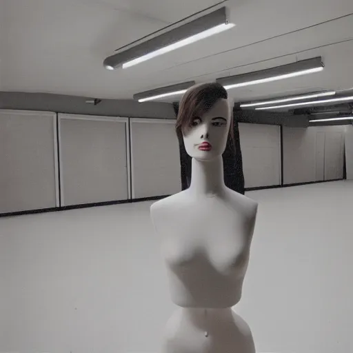 Image similar to empty retail backroom room with a lone surprised fashionable mannequin girlfriend in front of the camera cinestill 7 0's film liminal