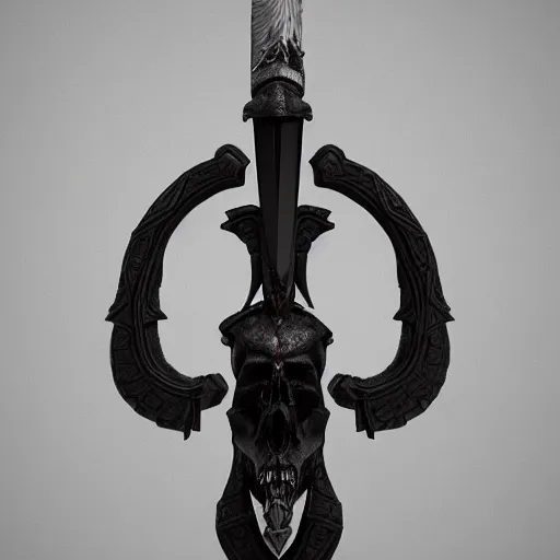 Image similar to a black sword skull crest, ornament, weapon, a 3 d render by dom qwek, studio lighting, front side view sheet, trending on polycount, hard surface modeling, rendered in maya, 3 ds max, blender, artstation hd, vray