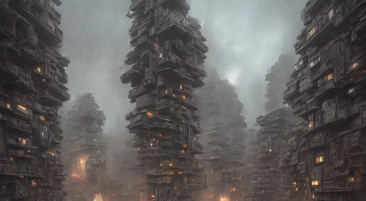 Image similar to highly detailed brutalist architecture city, star wars imperial style, while it's raining, stephen bliss, unreal engine, fantasy art by greg rutkowski, loish, rhads, ferdinand knab, makoto shinkai, ilya kuvshinov, rossdraws, global illumination, radiant light, detailed and intricate environment