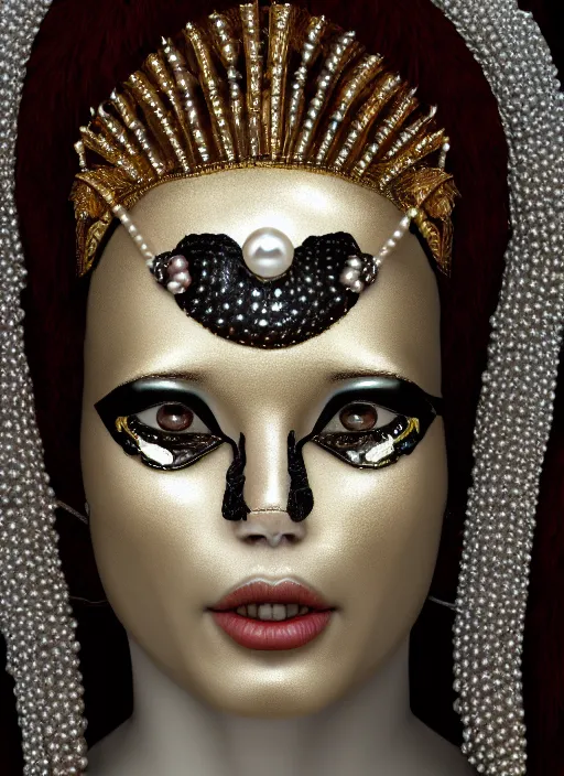 Image similar to hyperrealism, detailed textures, award winning autochrome photo, japanese pearl, beautiful animal pearl queen, kissing a egyptian animal pearl god, pearl silverplate, intricate, detailed facial pearl scary animal mask, pearl, golden jewelery, silverplate, ultra realistic, cinematic, intricate, cinematic light by steve mccurry, unreal engine 8 k