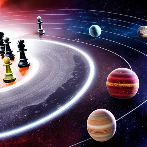 Image similar to a solar system layout like a chessboard, highly detailed digital art but as photography, marvel cinematic, 4 k, studio lighting, wide angle shot, panoramic