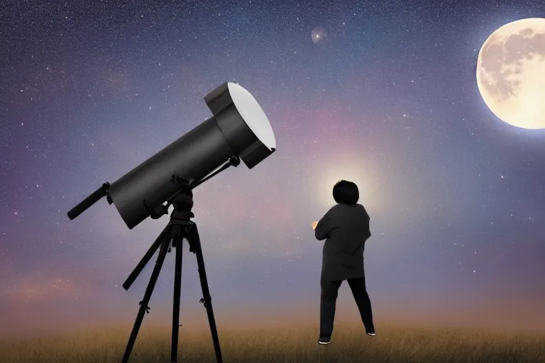 Prompt: alpha as astronomy teacher looking up on a telescope, moon, clear skies, starry skies, realism realistic