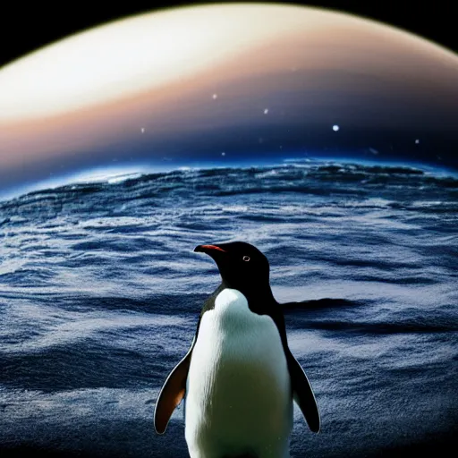 Prompt: a penguin swimming on the earth's atmosphere