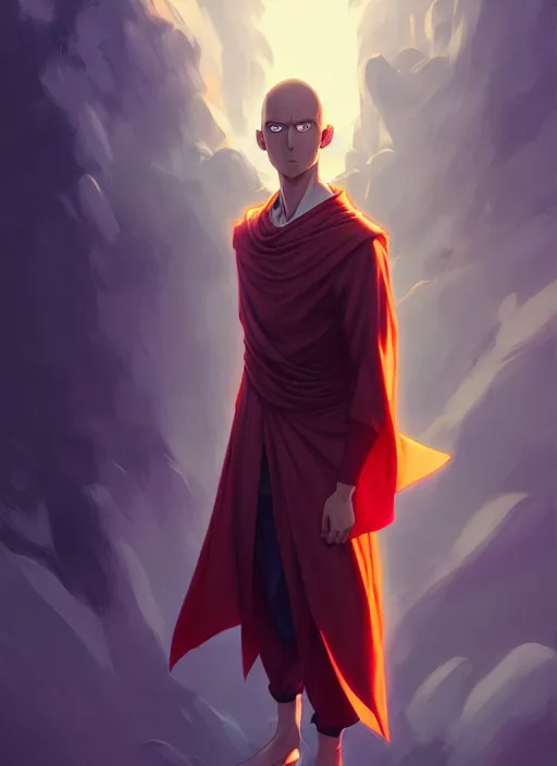 Image similar to handsome saitama, epic cape, half body shot, path traced, highly detailed, high quality, digital painting, alena aenami, lilia alvarado, shinji aramaki, karol bak, alphonse mucha, tom bagshaw