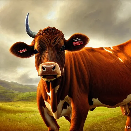 Image similar to digital painting of a guernsey cow by filipe pagliuso and justin gerard, symmetric, fantasy, highly, detailed, realistic, intricate