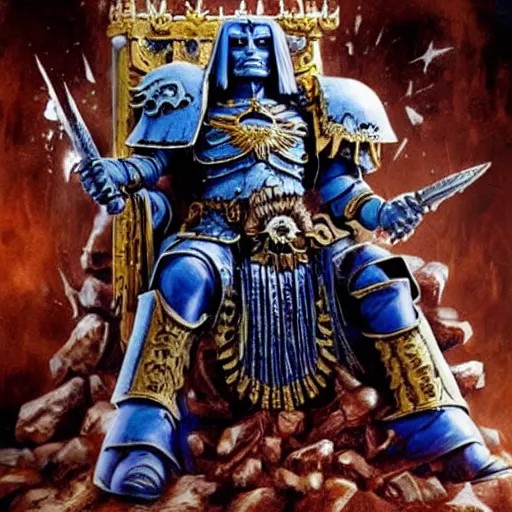 Prompt: joe biden as the emperor of mankind from warhammer 4 0, 0 0 0, warhammer 4 0 k, decrepid on a throne, portrait