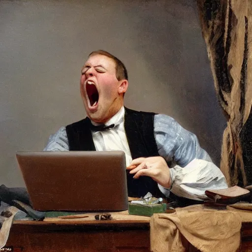 Image similar to an angry man yells at his computer monitor, oil on canvas, 1 8 8 3, highly detailed