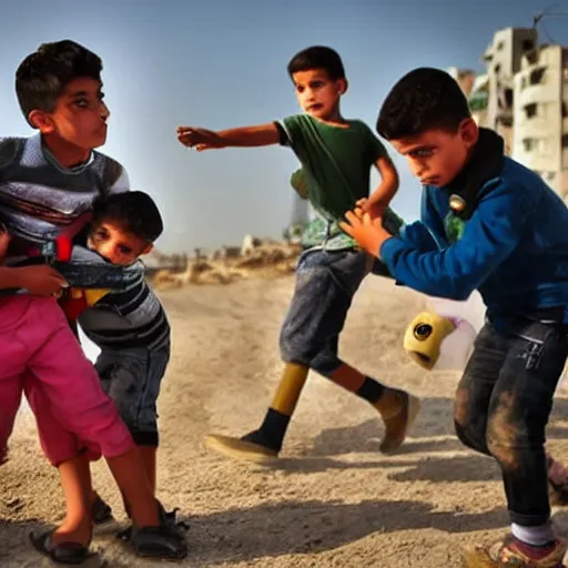Image similar to kids in gaza strip battling each other with digimons