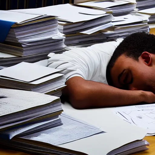 Image similar to a worker asleep between piles of papers
