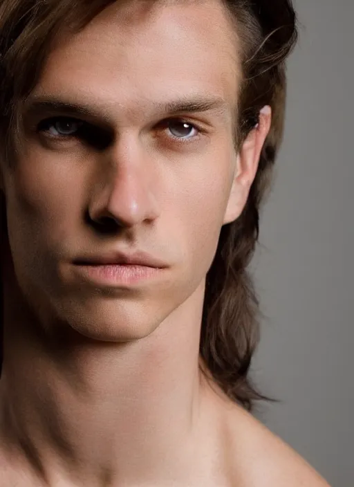 Image similar to a very skinny young Tarzan close-up portrait of young white male, with long dark brown slicked back hair shoulder length