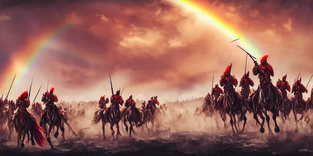 Image similar to Majestic powerfull red white Winged Hussars cavalry horde charging at ugly rainbow demons and trolls on ground, huge golden cross above them on the sky, white red eagle helping hussars, blood, snow, wide angle, professional kodak lenses, magic, fire, face painting, dramatic lighting, intricate, wild, highly detailed, digital painting, artstation, concept art, smooth, sharp focus, illustration, art by artgerm and greg rutkowski and alphonse mucha, footage from space camera