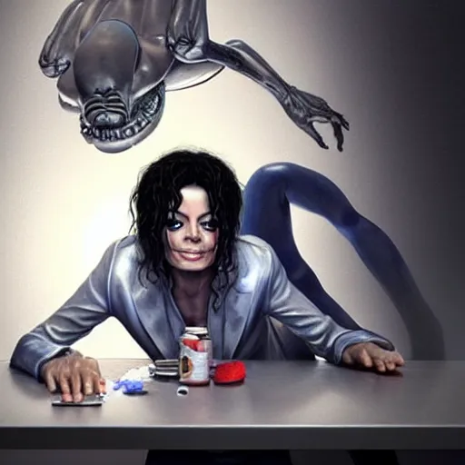 Prompt: michael jackson lying on a table, in the background are gray aliens and a smurf, anatomy, bathed in light, highly detailed, photorealistic, artstation, smooth, sharp focus, illustration, unreal engine 5, 8 k, art by artgerm and greg rutkowski and edgar maxence