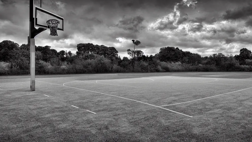 Prompt: a photograph of an empty basketball court in a scenic location, in the styles of cameron look, andrew bernstein, and ansel adams. intricate, hyperrealistic, monochrome hdr, accurate court