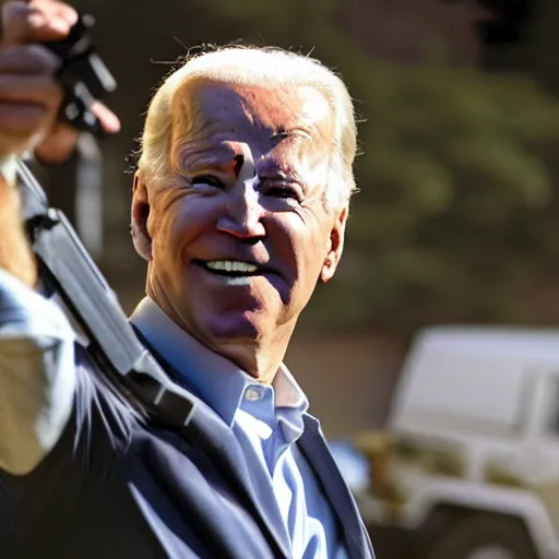 Prompt: Joe Biden carrying a Jeep mounted rifle, AP photography, full body shot, dynamic pose