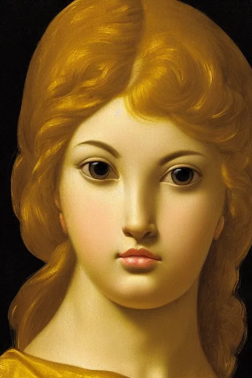 Image similar to Beautiful girl, calm face, closeup, ultra detailed, made in gold, Guido Reni style