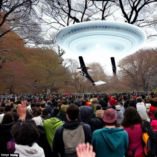 Image similar to a crowd of people watching and waving to a departing ufo in Central Park