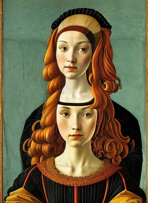 Image similar to portrait of young woman in renaissance dress and renaissance headdress, art by sandro botticelli