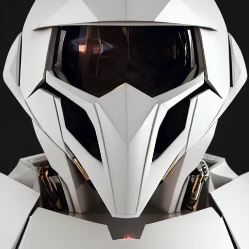 Prompt: sci fi mecha helmet, futuristic streetwear design and adornment, all white and gold, layered detail and depth, 16k resolution, highly detailed, styled by LGHT and Vittorio Bonapace, beautiful