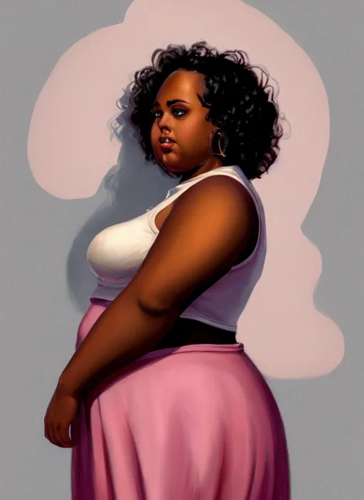 Image similar to full body portrait, teenage vanessa morgan, pink hair, brown skin, obese, curly pixie hair, sultry, realistic, short hair, hoop earrings, skirt, shirt, fat, belly, intricate, elegant, highly detailed, digital painting, artstation, concept art, smooth, sharp focus, illustration, art by wlop, mars ravelo and greg rutkowski