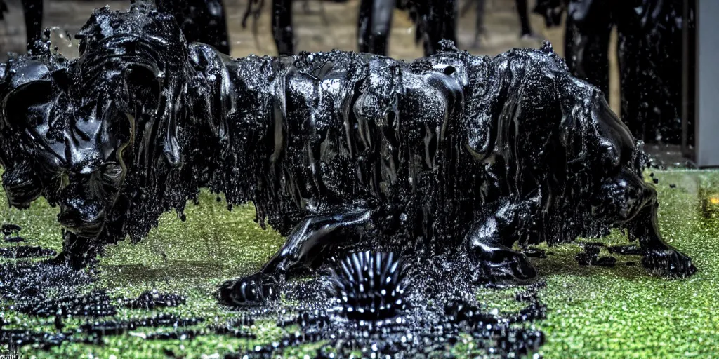 Image similar to the black lioness made of ferrofluid, in the zoo exhibit, viscous, sticky, full of black goo, covered with black goo, splattered black goo, dripping black goo, dripping goo, splattered goo, sticky black goo. photography, dslr, reflections, black goo, zoo, exhibit