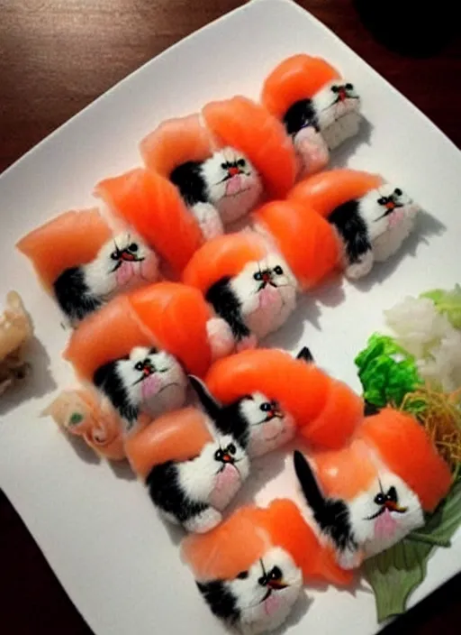 Image similar to clear photorealistic picture of adorable cats made out of sushi