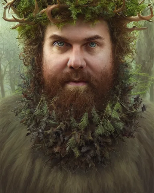 Image similar to patrick rothfuss as a forest druid with antlers, and leaves in his beard | highly detailed | very intricate | symmetrical | cinematic lighting | award - winning | closeup portrait | painted by donato giancola and mandy jurgens and charlie bowater | featured on artstation