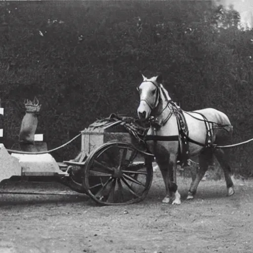 Image similar to a horse pulling a harnessed towed canon