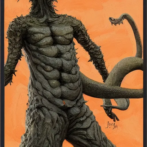 Prompt: by joao ruas jaunty carrot orange. a sculpture of a large, looming creature with a long, snake body. many large, sharp teeth, & eyes glow. wrapped around a large tree, bent under the weight. small figure in foreground, a sword, dwarfed by the size of the creature.