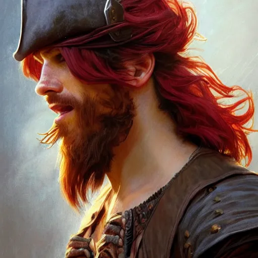 Image similar to portrait of a young pirate, 30 years old, male, ruggedly handsome, masculine, upper body, red hair, long hair, D&D, fantasy, intricate, elegant, highly detailed, cinematic lighting, digital painting, artstation, concept art, cutscene, sharp focus, illustration, art by Artgerm and Greg Rutkowski and Alphonse Mucha