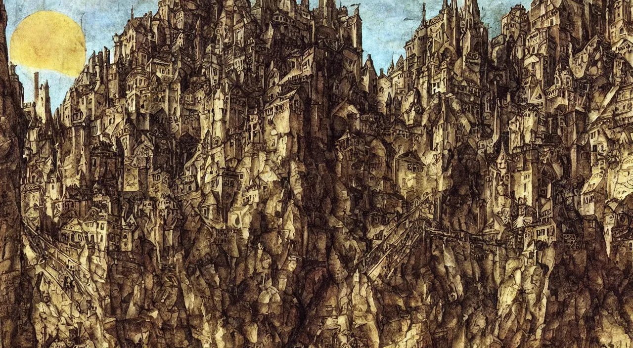 Prompt: fantasy medieval city of stairs, d & d artwork by albrecht durer