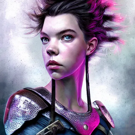 Image similar to anya taylor - joy portrait, dystopia core, apocalyptic, armor, warrior, dramatic, sharp focus, fiction, neon, fantasy, hyper detailed, digital art, trending in artstation, cinematic lighting, studio quality, smooth render, unreal engine 5 rendered, octane rendered, art style and nixeu and wlop and krenz cushart