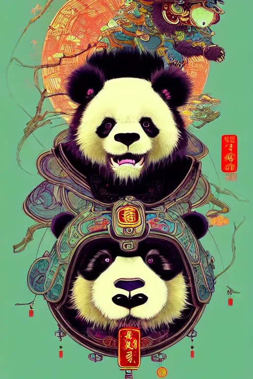 Image similar to a beautiful hyperdetailed character design of a cute panda with a chinese lion dance head victo ngai cyberpunk style, from china, style of studio ghibli, makoto shinkai, raphael lacoste, louis comfort tiffany, artgerm, james jean, ross tran, chinese style