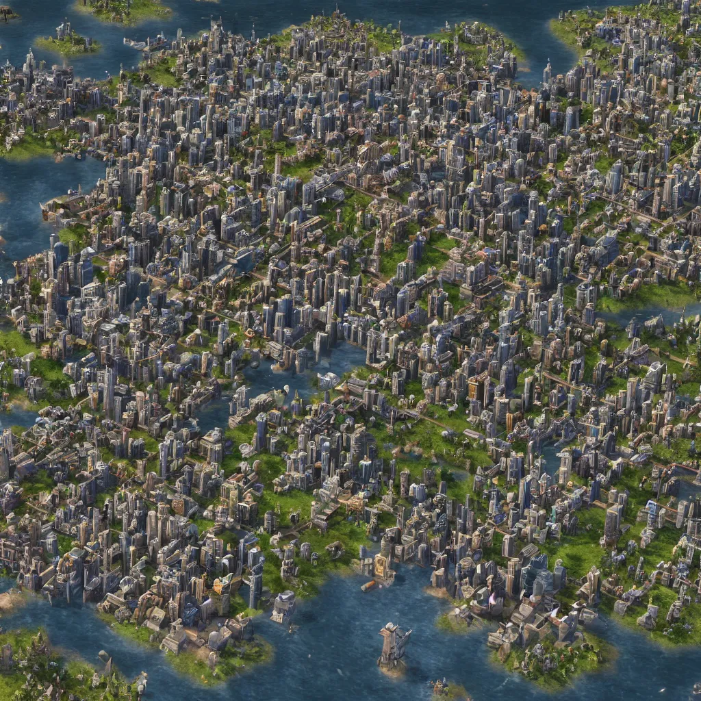 Image similar to A map of a modern day city in Civilization 5, video game, highly detailed, intricate, 8k render, by Greg Rutkowski