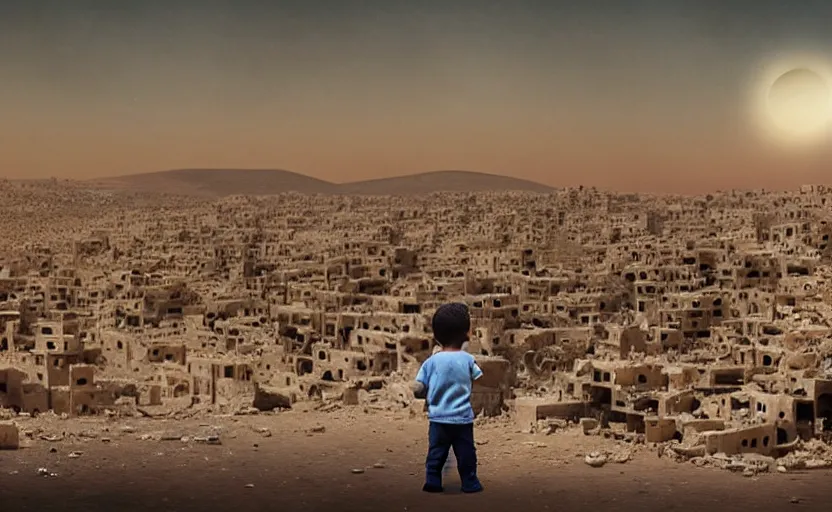 Image similar to “little boy figure lost (in the middle of the scene), epic view of Hummus in Syria in destruction, evening time clear sky, sad atmosphere, ruins, heartbreaking landscape, hyperdetailed, hyperrealism, trending on artstation, award winning photograph, photograph taken by Margaret Bourke-White, photorealistic, 8k, concept art, cinematographic, uhd, epic lighting”