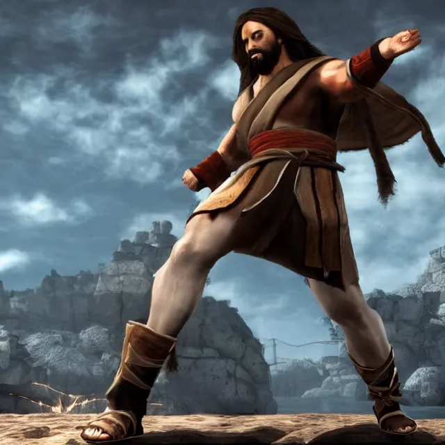 Prompt: jesus in mortal kombat, fighter, 3 d videogame render, 4 k