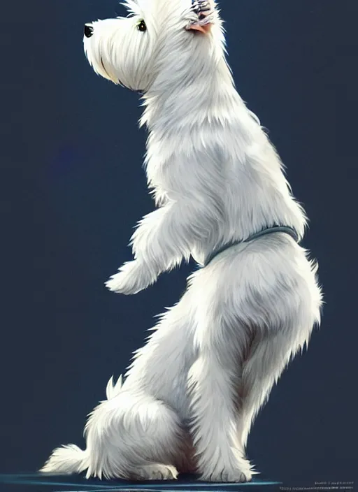 Image similar to a west highland white terrier sitting politely, facing the camera, anime art style, wearing futuristic, led - lit armor, and a cannon mounted on his back, portrait, high detail, sharp focus, digital painting, artstation, concept art, art by hayao miyazaki and artgerm and greg rutkowski and alphonse mucha.