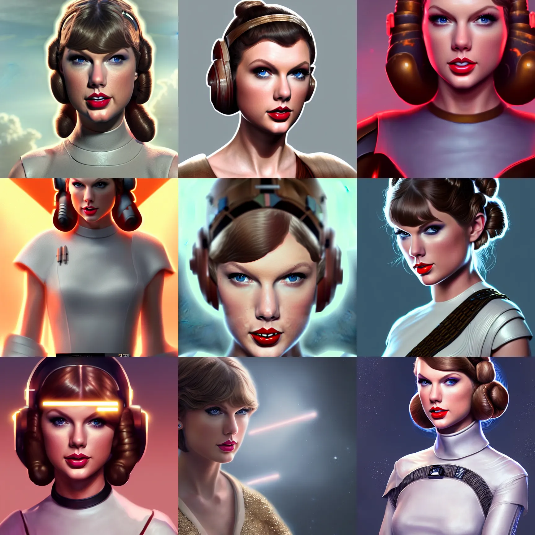 Image similar to Portrait of Taylor Swift as Princess Leia in Star Wars, intricate, elegant, super highly detailed, professional digital painting, artstation, concept art, smooth, sharp focus, no blur, no dof, extreme illustration, Unreal Engine 5, 8K