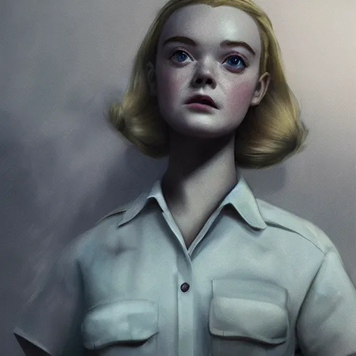 Image similar to a striking hyper real illustration of Elle Fanning in Fallout by Adam Adamowicz