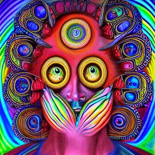 Prompt: psychedelic drawing of a very symmetrical portrait a face with an angel halo, the face has compound eyes human eyes!!, style of oil painting by chris dyer, holographic compound image double vision!!!!